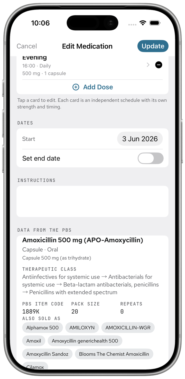 Edit Medication screen scrolled to the Dates section, showing the Start date set to 3 Jun 2026 and the Set end date toggle switched off, with the Data from the PBS & AMT panel below