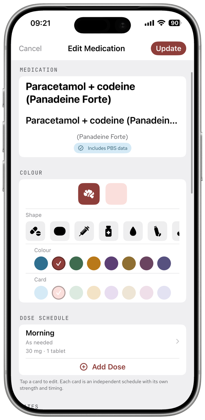 Edit Medication screen showing a PBS-linked medication with the icon shape picker and the identity colour swatches, with a dose schedule card below