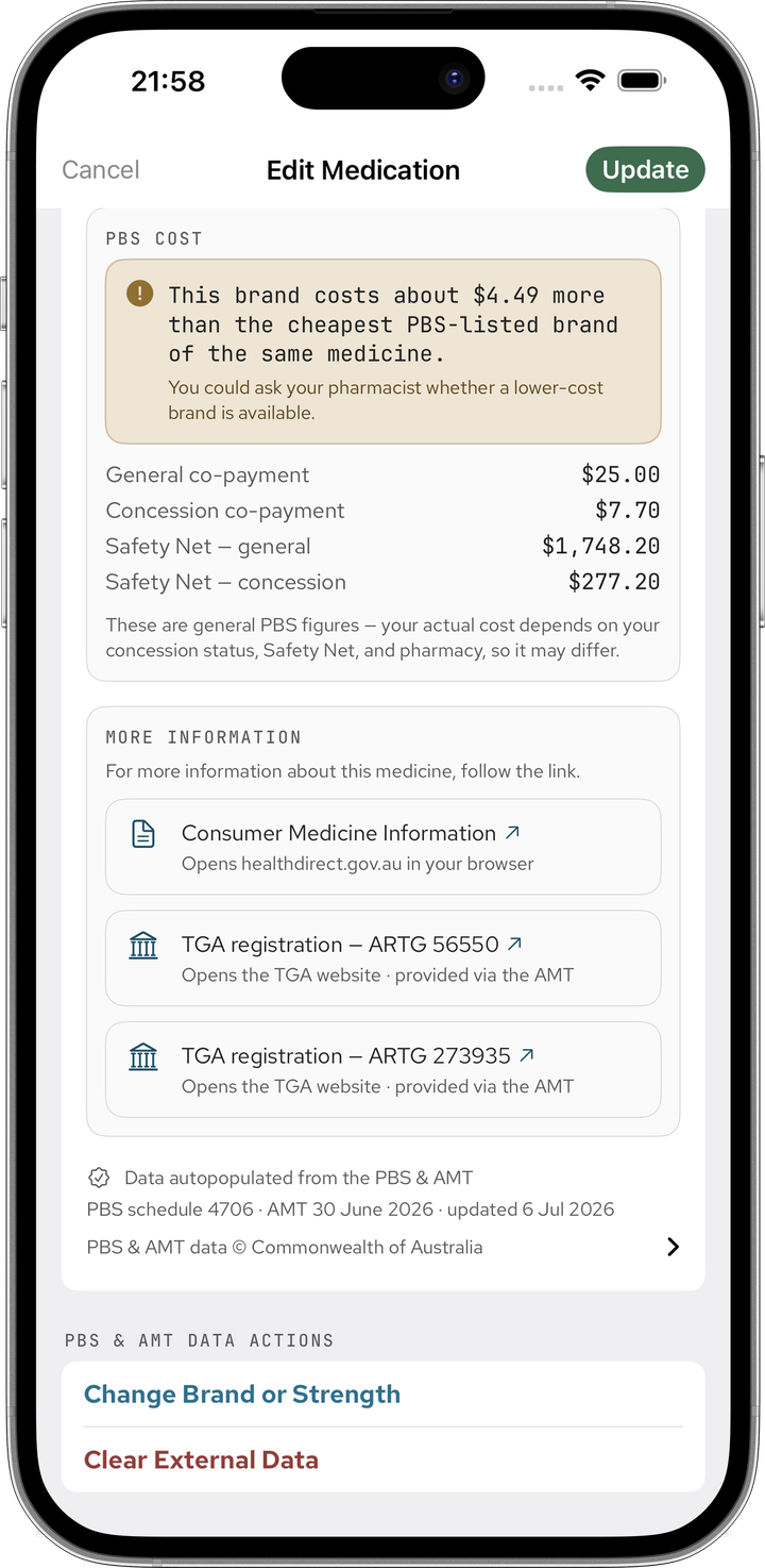 The bottom of the Data from the PBS and AMT panel showing the cost context, Consumer Medicine Information link, TGA registration links, data provenance line, PBS and AMT copyright attribution disclosure, and the PBS and AMT Data Actions section with Change Brand or Strength and Clear External Data