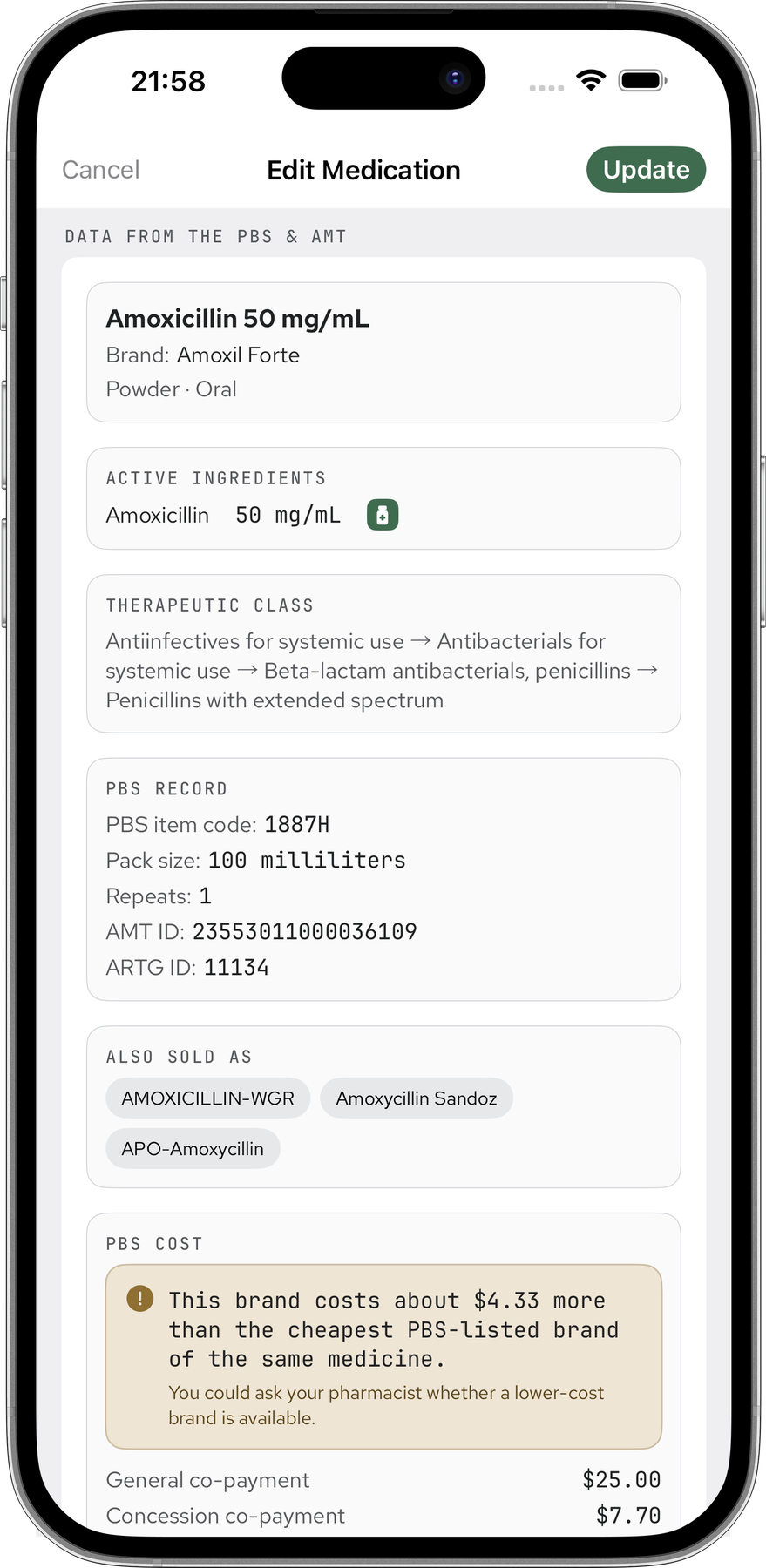 PillBox medication editor showing PBS and AMT data auto-filled — active ingredients, PBS and AMT identifiers, and a brand-premium cost note flagging a cheaper equivalent